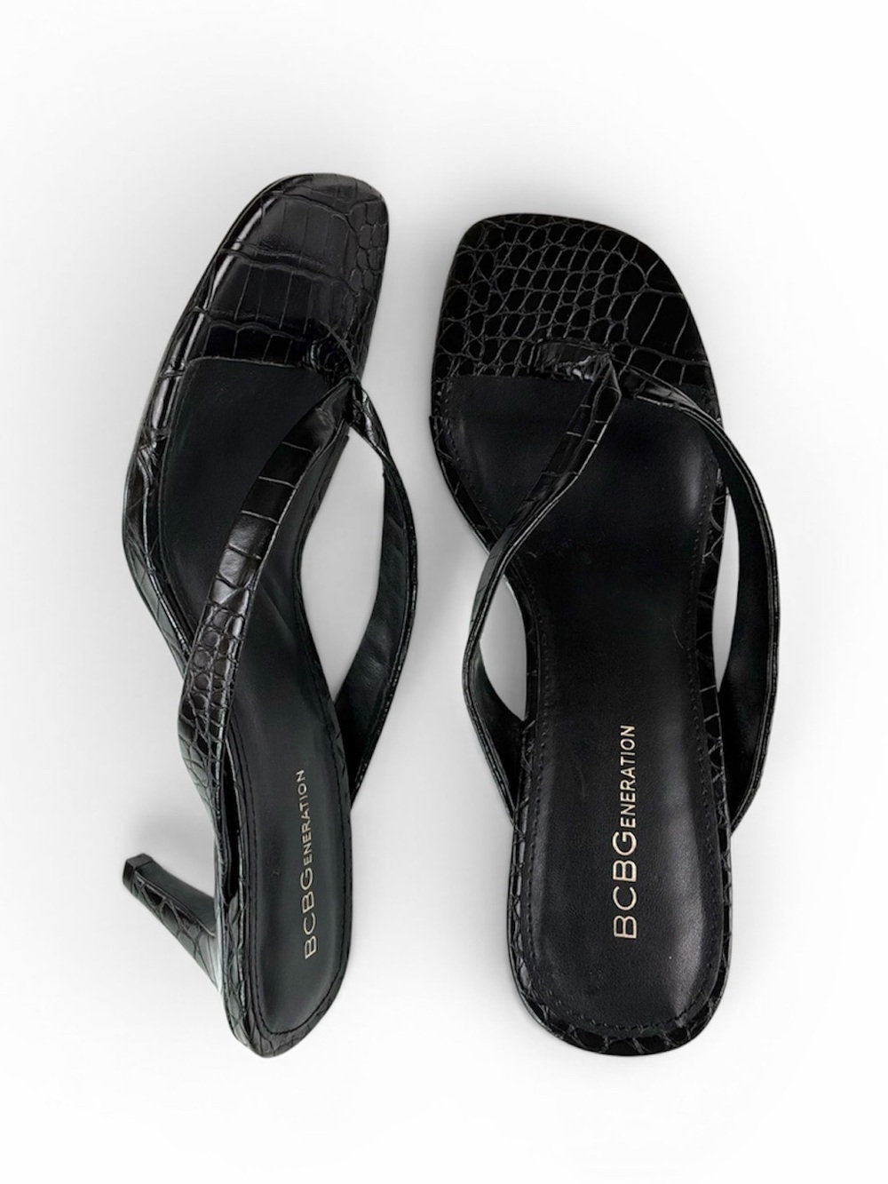 BCBGeneration Black Snake Embossed Square Toe Heeled Sandals Size 10